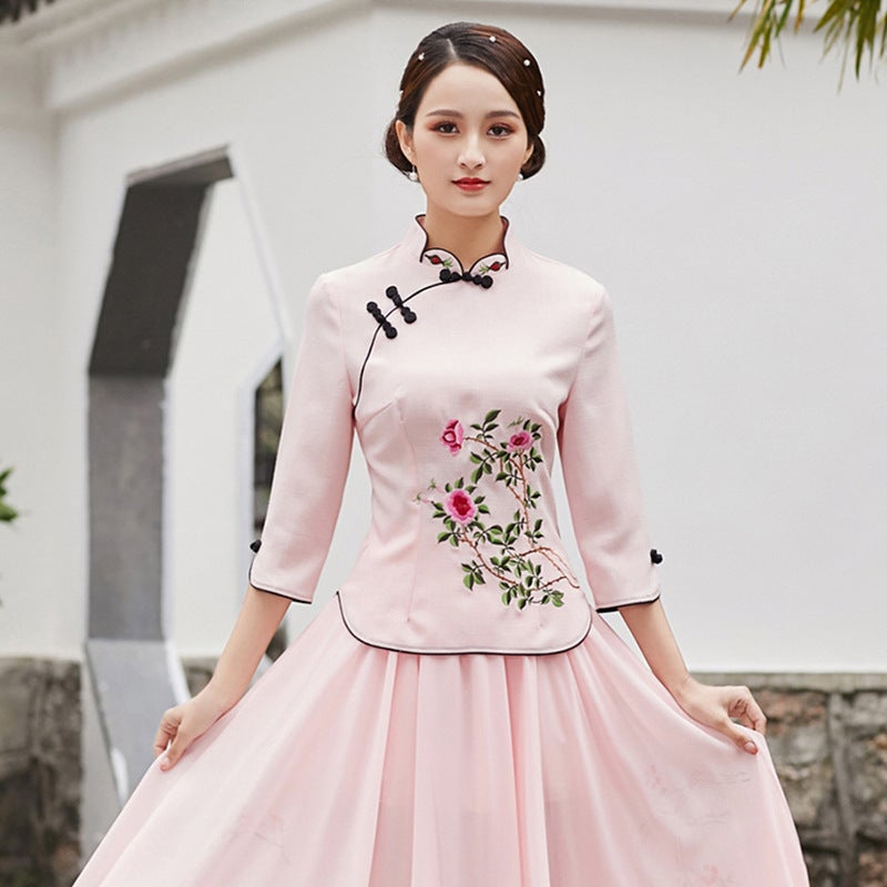 Chinese Style Chinese Elements Ethnic Style Exquisite Camellia Embroidered Butterfly Nearline Chinese Style Elegant Cheongsam Pink top