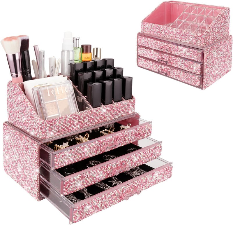 KEYPOWER Makeup Organizers Drawer Bling Diamond,Fashion Countertop Jewelry Cosmetic Storage Display Boxes,Makeup Brush Holder, Cosmetic Holder,2 Pieces Set(Purely Handmade)(Pink)