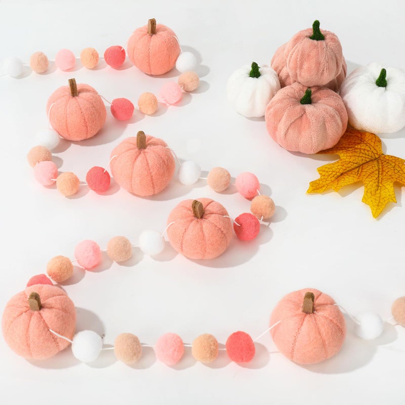 Whaline 82Ft Fall Felt Ball Garland Pink Pumpkin Pom Pom Hanging Banner Harvest Pumpkin Felt Ball Garland Cute Autumn Decor for Fall Thanksgiving Festive Party Home Mantel Wall Window