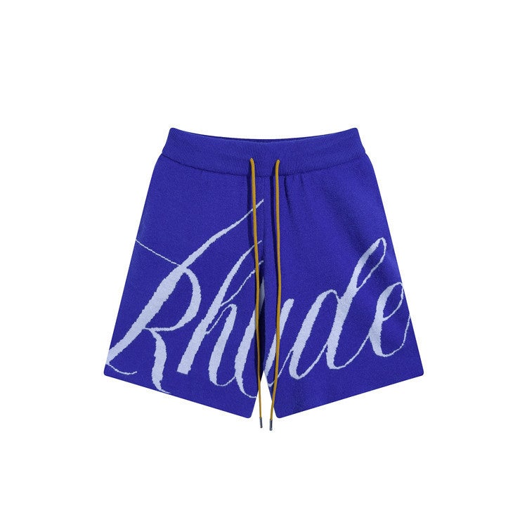 2024 American Style Trendy Brand Rhude Letter Logo Jacquard Drawstring Knitted Wool Casual Loose Shorts For Men And Women - Image 5