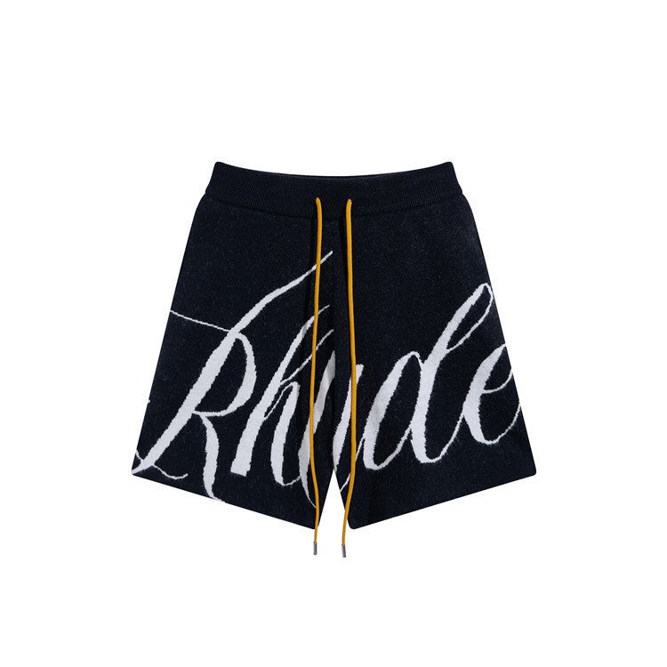 2024 American Style Trendy Brand Rhude Letter Logo Jacquard Drawstring Knitted Wool Casual Loose Shorts For Men And Women - Image 3