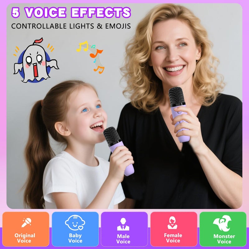 Mgaolo Upgraded Mini Karaoke Machine Toy for Kids, Portable Bluetooth Speaker with 2 Wireless Mics, Emoji & Colorful LED Lights, Home Travel & Party Play Gifts for Boys Girls (Purple) - Image 5