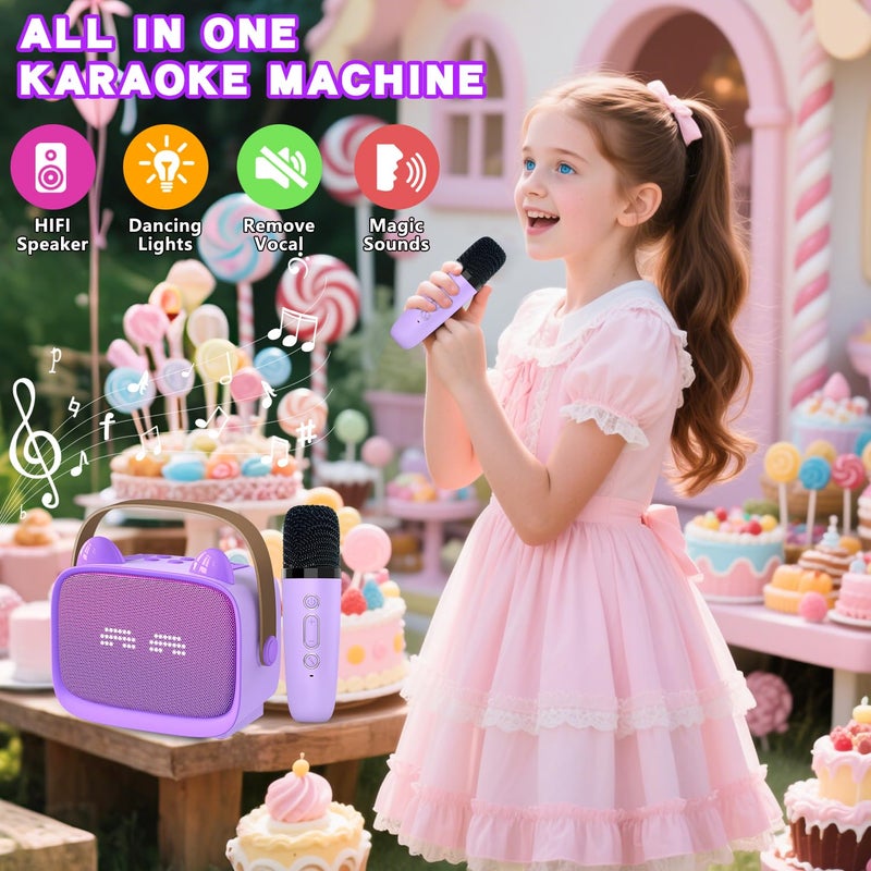Mgaolo Upgraded Mini Karaoke Machine Toy for Kids, Portable Bluetooth Speaker with 2 Wireless Mics, Emoji & Colorful LED Lights, Home Travel & Party Play Gifts for Boys Girls (Purple) - Image 2