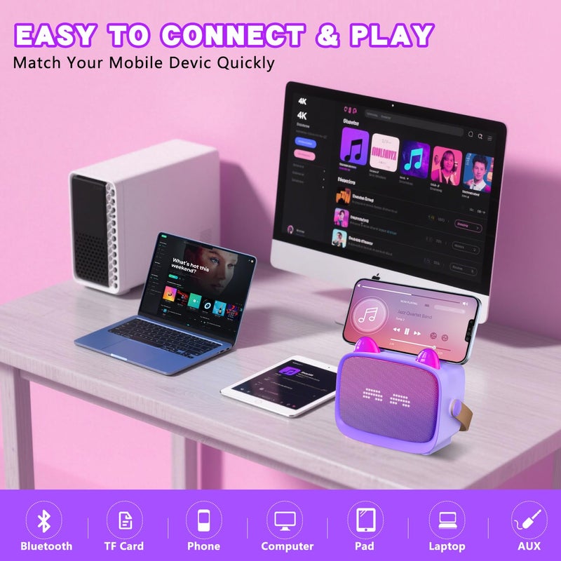 Mgaolo Upgraded Mini Karaoke Machine Toy for Kids, Portable Bluetooth Speaker with 2 Wireless Mics, Emoji & Colorful LED Lights, Home Travel & Party Play Gifts for Boys Girls (Purple) - Image 4