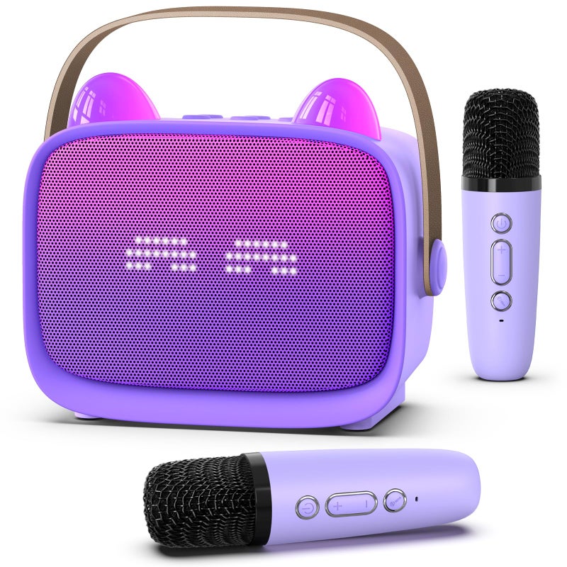 Mgaolo Upgraded Mini Karaoke Machine Toy for Kids, Portable Bluetooth Speaker with 2 Wireless Mics, Emoji & Colorful LED Lights, Home Travel & Party Play Gifts for Boys Girls (Purple) - Image 1
