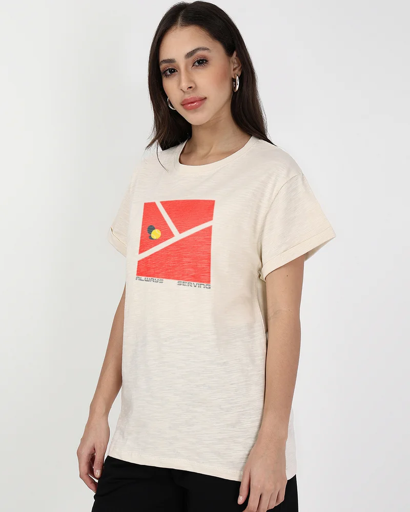 بيواكوف Women's Beige Serving Graphic Printed Boyfriend T-shirt