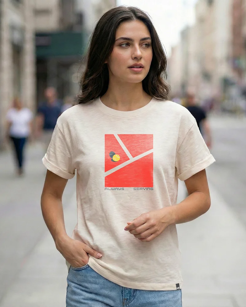 بيواكوف Women's Beige Serving Graphic Printed Boyfriend T-shirt