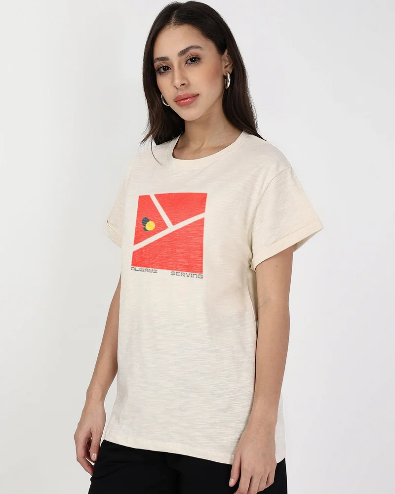 بيواكوف Women's Beige Serving Graphic Printed Boyfriend T-shirt