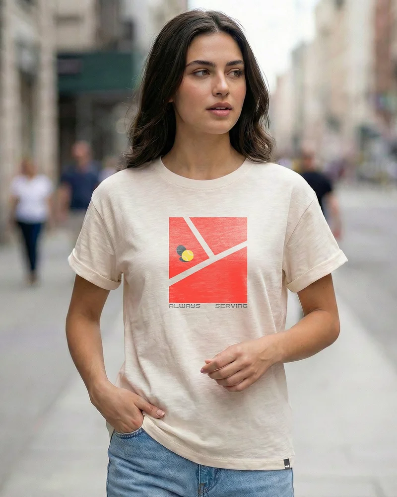 بيواكوف Women's Beige Serving Graphic Printed Boyfriend T-shirt