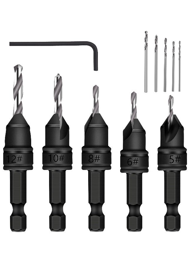 82°Countersink Drill Bit, SYOSI 5Pcs Free Replaceable HSS Drill Bits for Wood 3/8" Quick-Change, Chamfered Adjustable Drilling Tool Kit on Pilot Counter Sink Holes for Woodworking  - Image 1