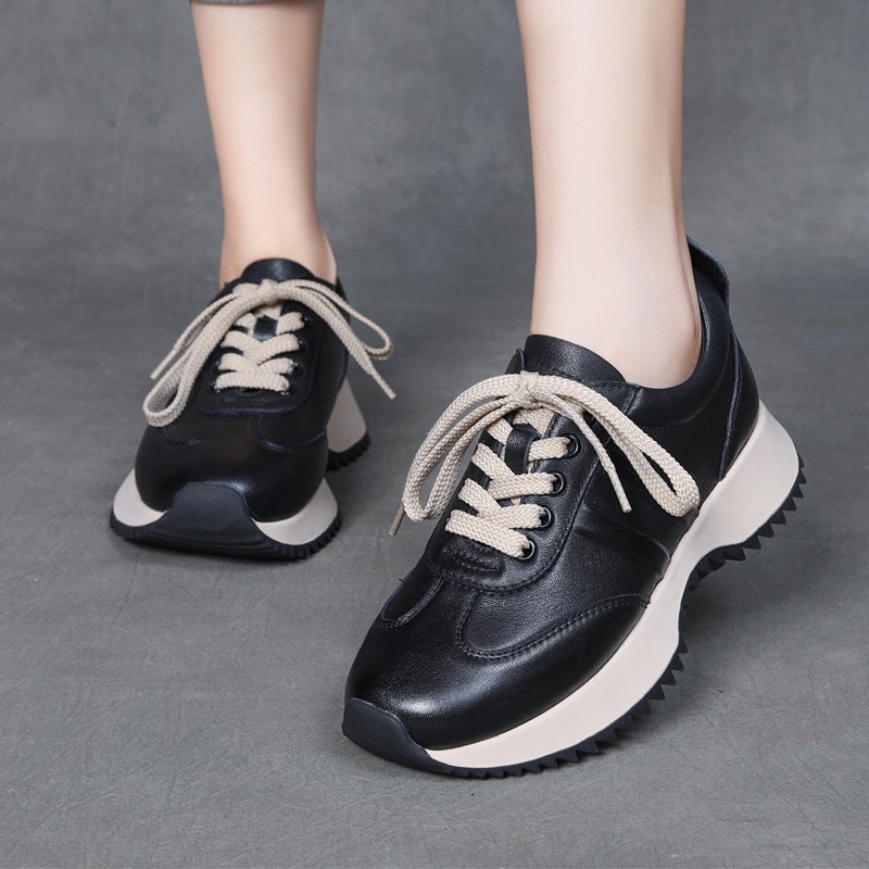 Autumn Winter New Pladis Leather Thick Sole Comfort Sneakers Women Black