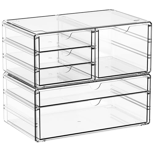 Yieach 2 Pack Acrylic Drawer Organizer With 6 Drawers,Stackable 11.1” Large Clear Storage Drawers and Makeup Organizer For Vanity,Bathroom Countertop,Cabinet,Pantry,Office Supply Storage Bins Drawers - Image 1