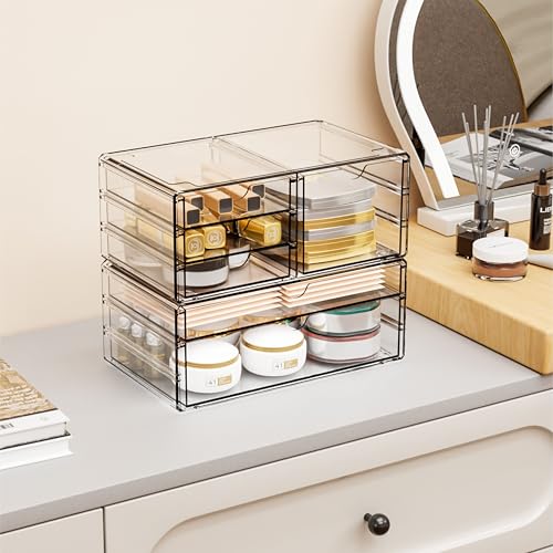 Yieach 2 Pack Acrylic Drawer Organizer With 6 Drawers,Stackable 11.1” Large Clear Storage Drawers and Makeup Organizer For Vanity,Bathroom Countertop,Cabinet,Pantry,Office Supply Storage Bins Drawers - Image 3