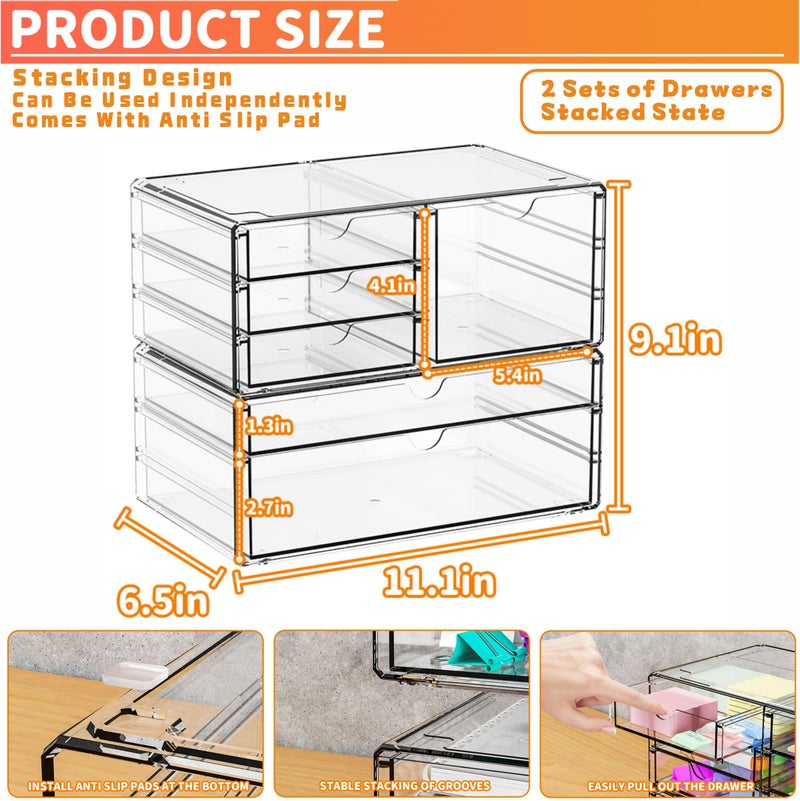 Yieach 2 Pack Acrylic Drawer Organizer With 6 Drawers,Stackable 11.1” Large Clear Storage Drawers and Makeup Organizer For Vanity,Bathroom Countertop,Cabinet,Pantry,Office Supply Storage Bins Drawers - Image 2