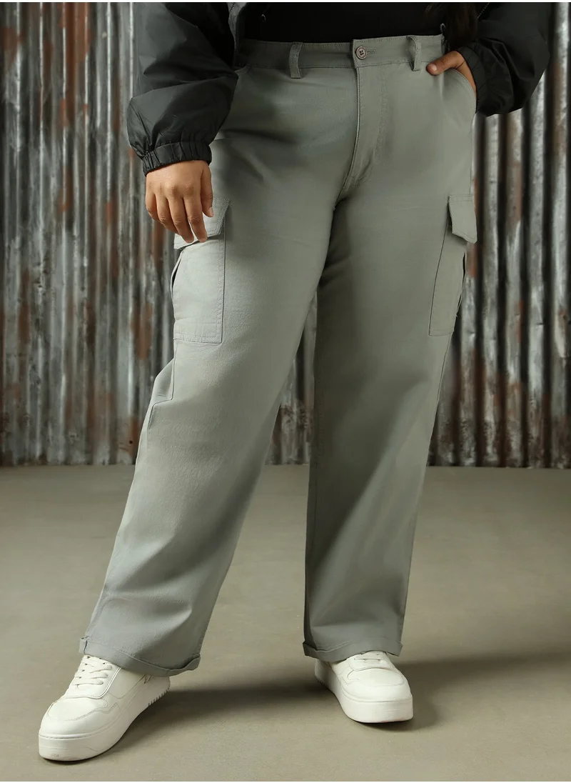 HIGH STAR Women's Sage Green Cotton Blend Solid Plus Size Cargo Trouser
