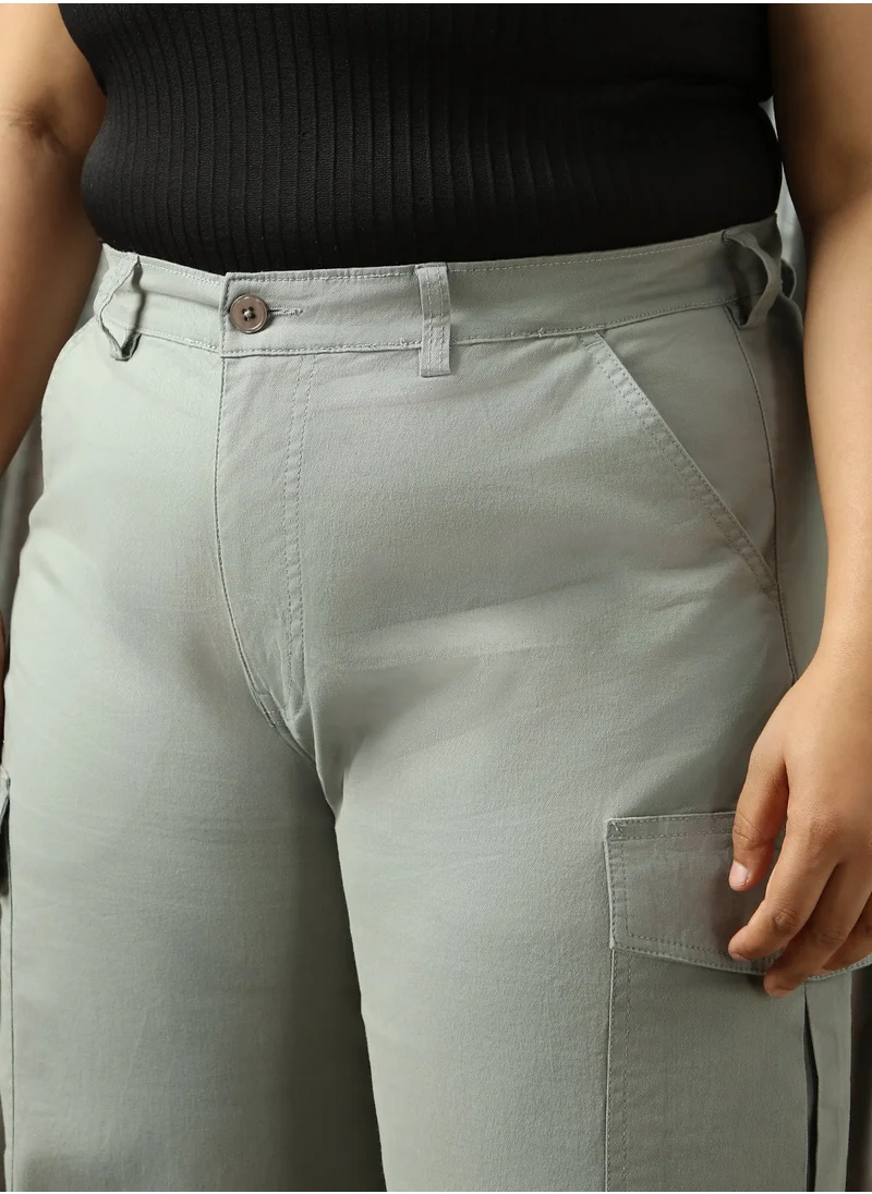 HIGH STAR Women's Sage Green Cotton Blend Solid Plus Size Cargo Trouser