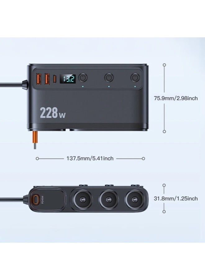 9 in 1 Car Lighter Splitter Adapter with 3 Independent Switches 228W, 3 USB-A, 2 USB-C, 1 Type-C Cable, LED Voltage Display & Fast QC3.0/PD Charging – 12V/24V Car Charger for Multiple Devices - Image 2