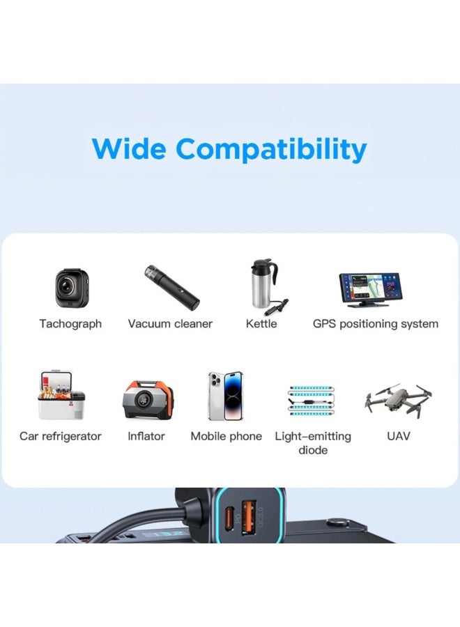 9 in 1 Car Lighter Splitter Adapter with 3 Independent Switches 228W, 3 USB-A, 2 USB-C, 1 Type-C Cable, LED Voltage Display & Fast QC3.0/PD Charging – 12V/24V Car Charger for Multiple Devices - Image 5