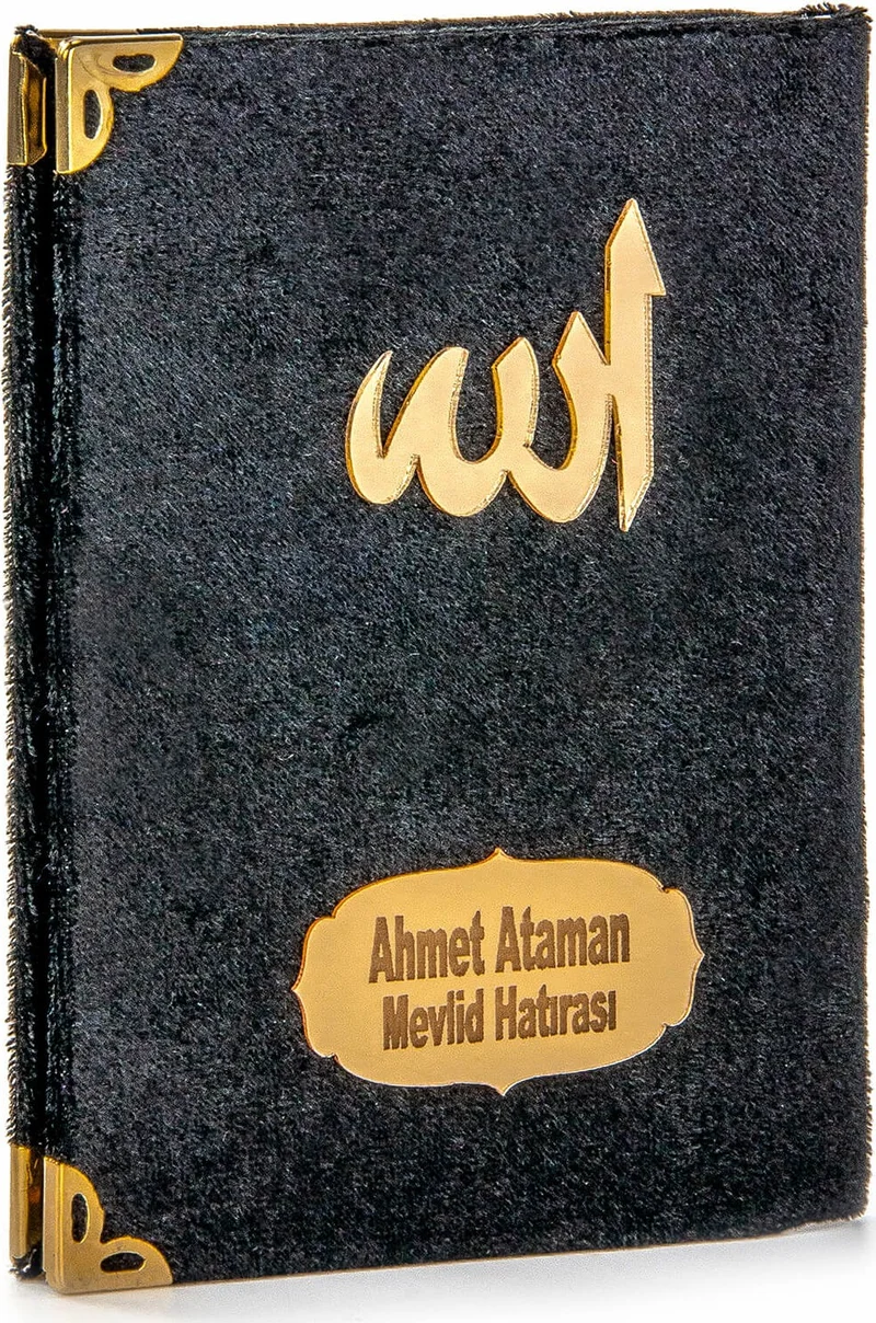 İhvan Ikhvan 10 Pieces Velvet Covered Bag Size Book of Yasin with Taffeta Prayer Mat Special Box with Name of Allah Name Plate with Rosary Black 1217