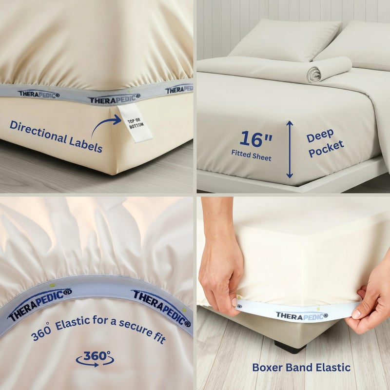 Therapedic 100% Egyptian Cotton Queen 6-Piece Sheet Set â€“ Naturally Cooling & Breathable Sateen, Preshrunk Garment Wash, 16" Deep Pocket Fitted Sheet, Bonus Pillowcases, Soft & Durable - Light Blue - Image 4