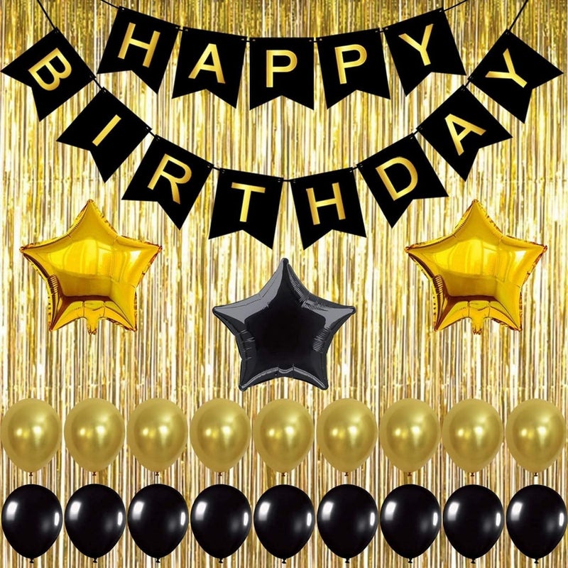 Mumoo Bear Gold and Black Birthday Decorations Set  Happy Birthday Banner Foil Fringe and Mylar Star Balloons for Party - Image 2