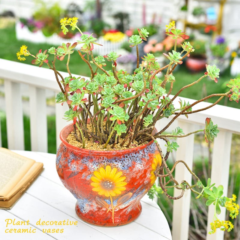 Sungmor Ceramic Hand Painted Succulent Flower Pots, 9 Inch Large Pottery Pots for Indoor Outdoor Plants, Decorative Ceramic Vase for Flower Arrangement Home Decor, Vintage Centerpieces Flowerpot - Image 3