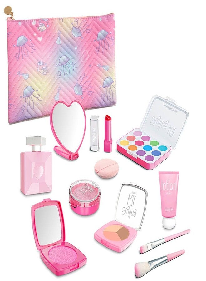 WenToyce Pretend Makeup Kit for Girls, 12 Pcs Kids Cosmetic Pretend Play Beauty Make Up Set, Not Real Eye Shadow Blush Palette Lipstick with Hand Bag, Pink - Image 1