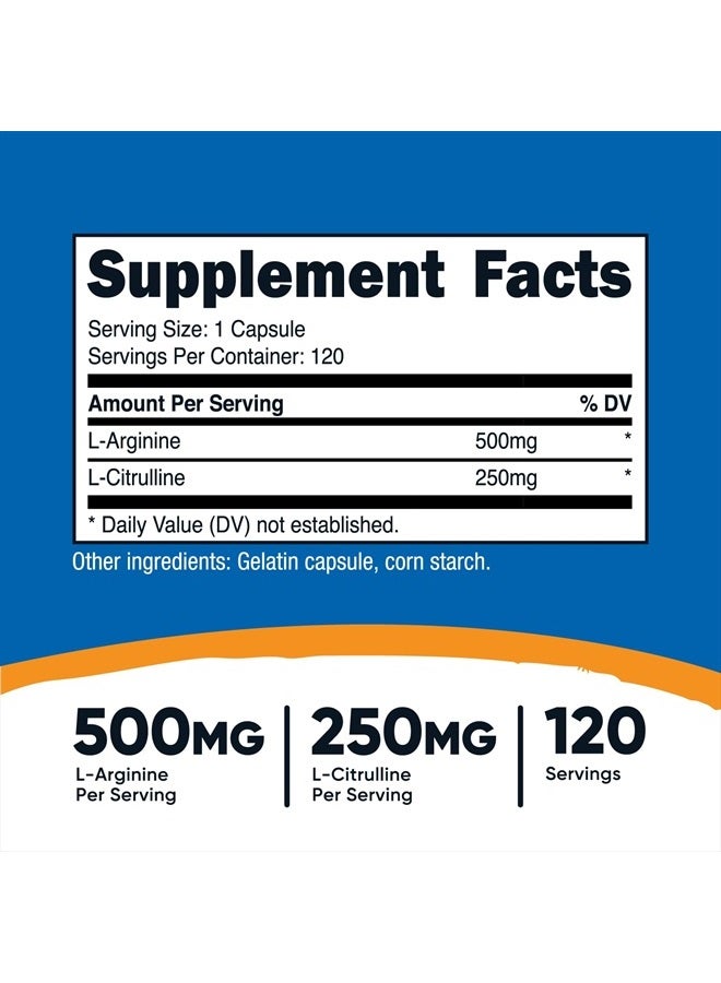L-Arginine L-Citrulline Complex 750Mg, 120 Capsules - Non-Gmo