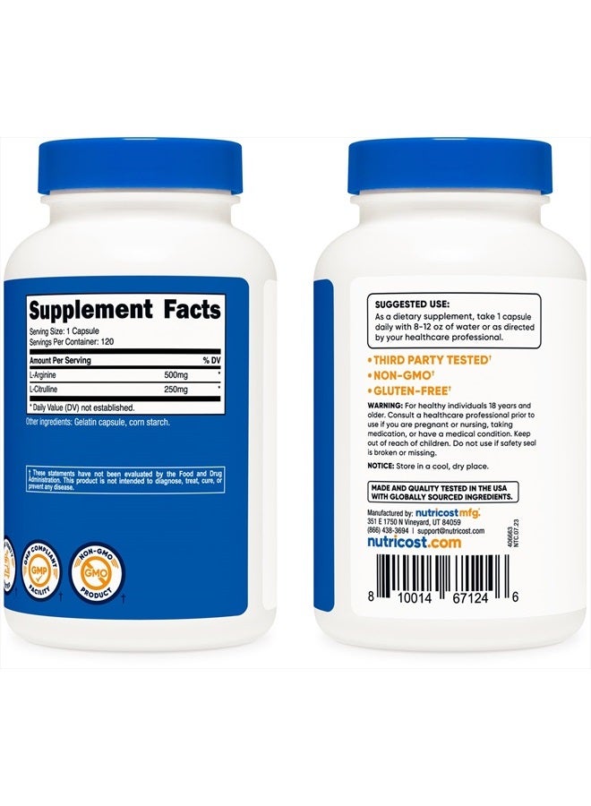 L-Arginine L-Citrulline Complex 750Mg, 120 Capsules - Non-Gmo
