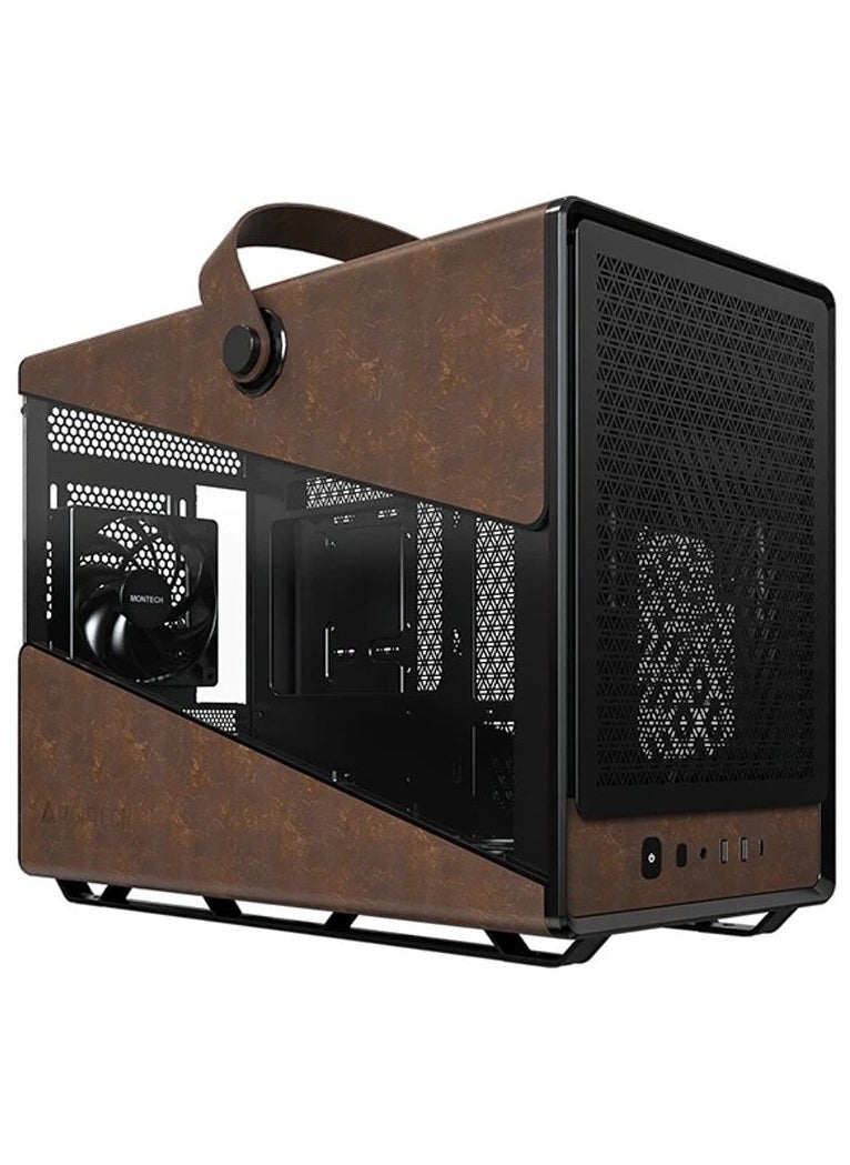 مونتك حقيبة Heritage PRO Micro-ATX / Mini-ITX - محمولة بسهولة، أداء كبير في حجم صغير، لمسة نهائية من الجلد البيئي، وضع طاقة قابل للتخصيص، فلتر غبار مغناطيسي، تتضمن 4 مراوح GF120mm، حامل سماعة رأس، 480 × 235 × 368 مم، 5 فتحات PCIe، مبرد وحدة المعالجة المركزية 170 مم، وحدة معالجة الرسومات 400 مم، وحدة إمداد الطاقة 165 مم (ATX/SFX)، USB 3.0 x2، Type-C (20G)، دعم المبرد حتى 360 مم | أسود  - Image 1
