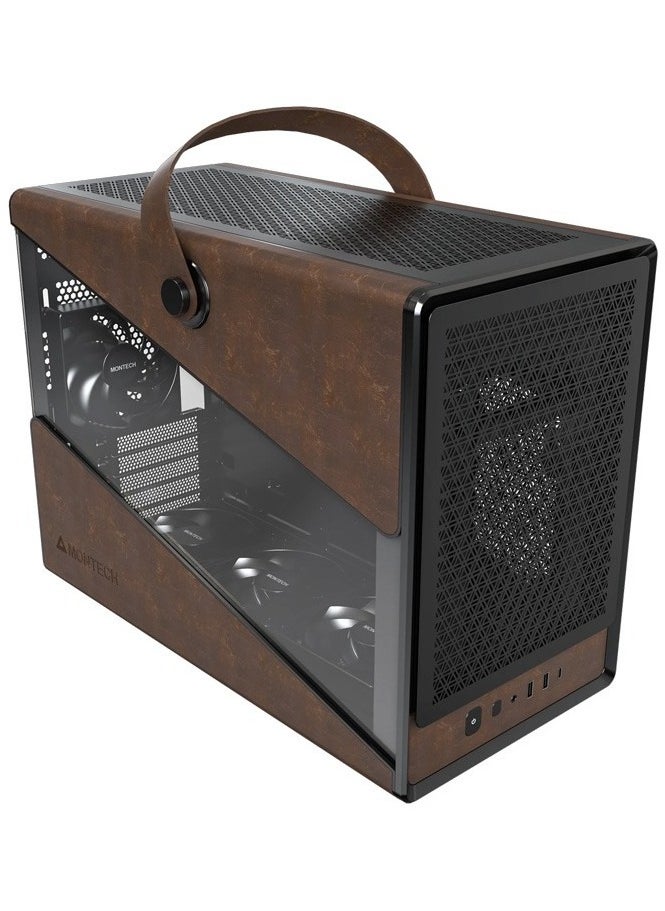 مونتك حقيبة Heritage PRO Micro-ATX / Mini-ITX - محمولة بسهولة، أداء كبير في حجم صغير، لمسة نهائية من الجلد البيئي، وضع طاقة قابل للتخصيص، فلتر غبار مغناطيسي، تتضمن 4 مراوح GF120mm، حامل سماعة رأس، 480 × 235 × 368 مم، 5 فتحات PCIe، مبرد وحدة المعالجة المركزية 170 مم، وحدة معالجة الرسومات 400 مم، وحدة إمداد الطاقة 165 مم (ATX/SFX)، USB 3.0 x2، Type-C (20G)، دعم المبرد حتى 360 مم | أسود  - Image 2