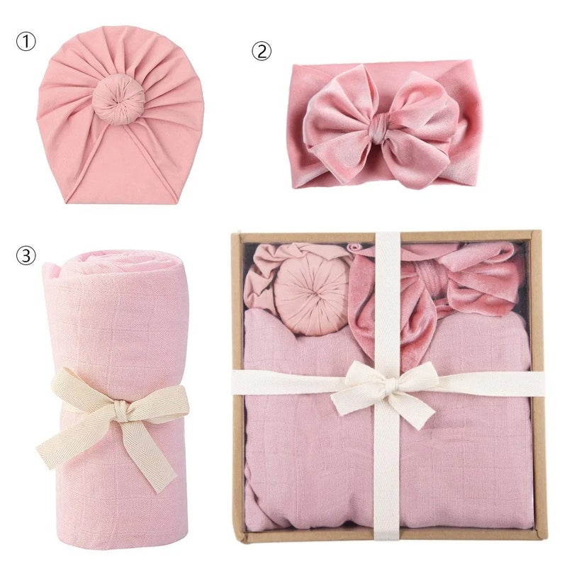 Y&D Newborn Swaddle Set for Baby Girls - Swaddlers Blanket, Hat & Headband with Bow - 3-Piece Infant Swaddle Wrap Gift Box - Image 1