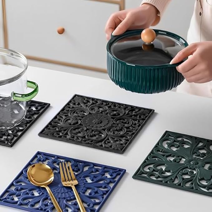 TERRIFI 3 Pcs Square Pan Protectors Hollowed Out Anti Scald Silicone Trivet 3 Patterns Anti Slip Iron Pot Pads Not Easily Deformed Pan Dividers Suitable For Flat Bottomed Pans Tableware And Coasters - Image 2