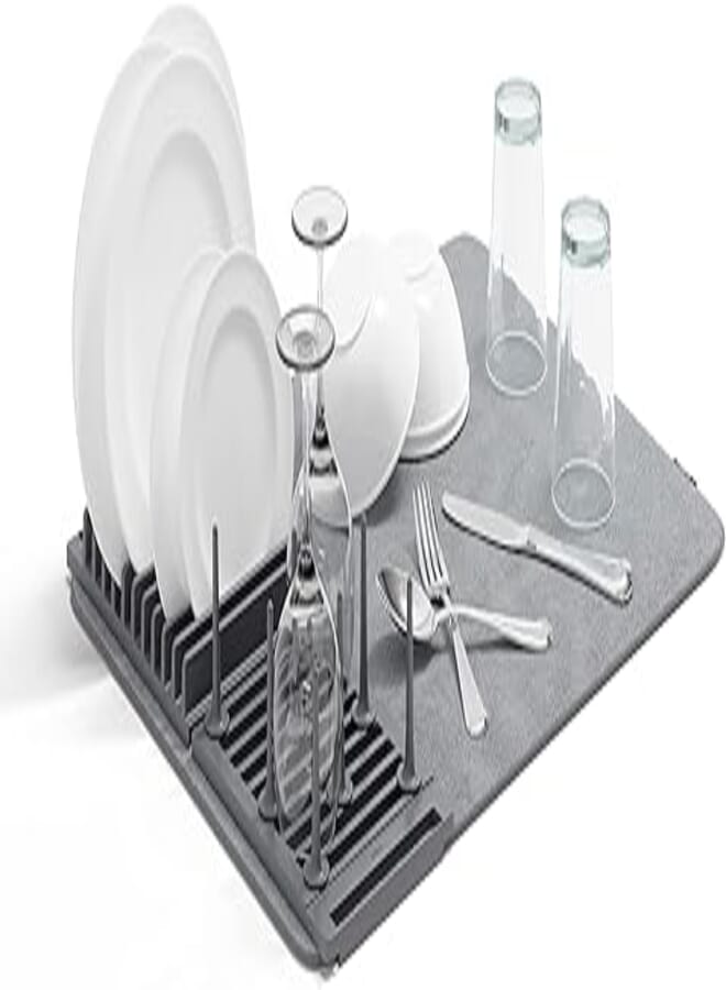 Umbra Udry Rack and Microfiber Dish Drying Mat-Space-Saving Lightweight Design Folds Up for Easy Storage, Standard, Charcoal