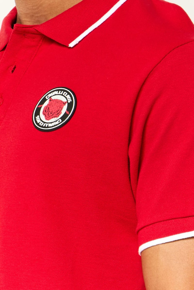 Cavalli Class Men Regular Fit Short Sleeve Brand Logo Polo Shirt, Red - Image 3