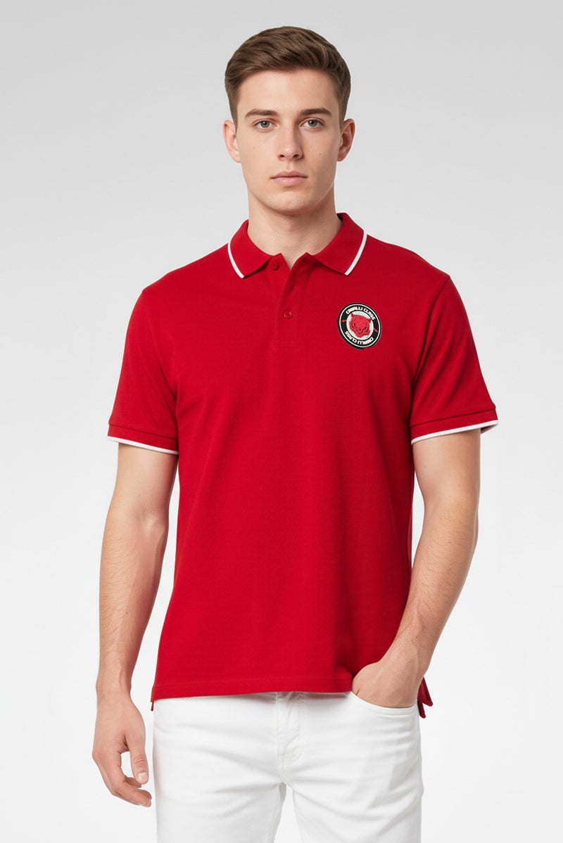 Cavalli Class Men Regular Fit Short Sleeve Brand Logo Polo Shirt, Red - Image 1