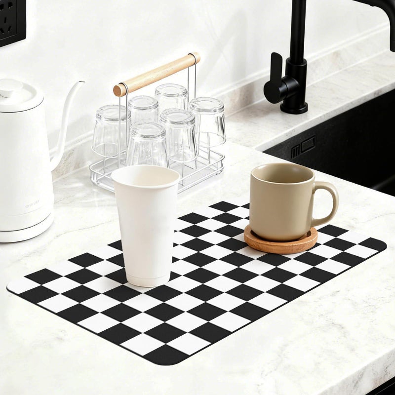 Yinoos 12" x 20" Checkered Dish Drying Mat for Kitchen Counter, Absorbent Coffee Bar Mat for Espresso Machine Coffee Countertops Accessories (Black) - Image 1