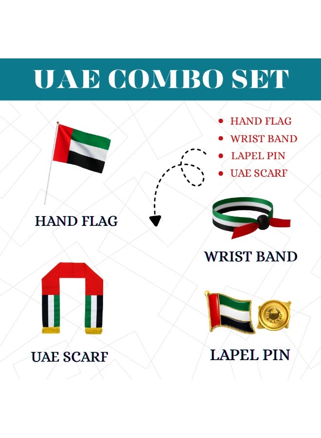 برينت شوب فور مي حزمة احتفالات الإمارات | طقم يضم دبوس العلم، سواراً، ووشاحاً | مجموعة إكسسوارات للمناسبات | حزمة متكاملة متعددة العناصر (حزمة للشركات: 100 علم يدوي + 100 دبوس صدر + 100 سوار معصم + 20 وشاحاً) - Image 2
