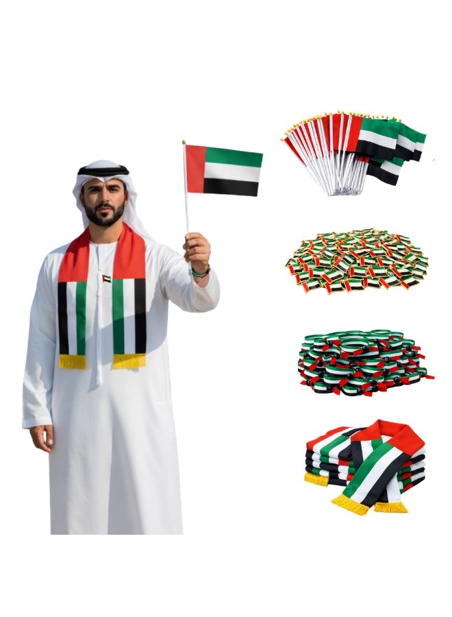 برينت شوب فور مي حزمة احتفالات الإمارات | طقم يضم دبوس العلم، سواراً، ووشاحاً | مجموعة إكسسوارات للمناسبات | حزمة متكاملة متعددة العناصر (حزمة للشركات: 100 علم يدوي + 100 دبوس صدر + 100 سوار معصم + 20 وشاحاً) - Image 1