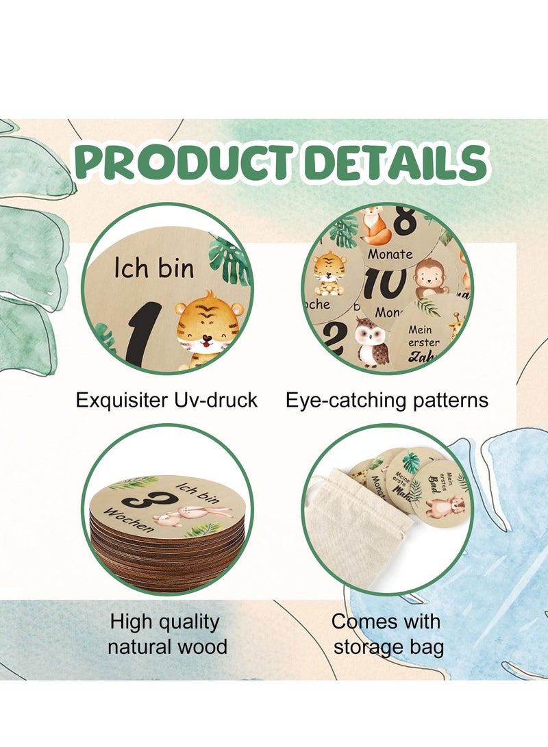 SYOSI بطاقات صور شهرية رئيسية للسنة الأولى للطفل، 15 قطعة من أقراص الترحيب الخشبية لحديثي الولادة، لافتة صور مزدوجة الجوانب مع حامل، علامات مميزة لرحلة الحمل بنمط حيواني رائع - Image 4