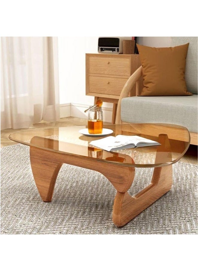 والالا طاولة قهوة زجاجية حديثة كبيرة فريدة من نوعها من الخشب في المنتصف بتصميم مثلث، طراز ريفي عتيق للمساحات الصغيرة لغرفة المعيشة أو المكتب المنزلي، لون بني جوزي متوسط 91*65*40 سم - Image 2