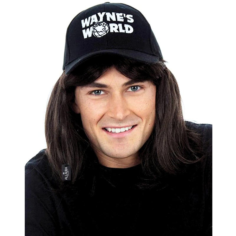 ALLAURA Compatible with Waynes World Wig and Hat Black Mullet Wig with Waynes Cap for Men 80s Rocker Costume Heavy Metal Look 1980s Party Outfit Funny Halloween or Couples Costume Accessory