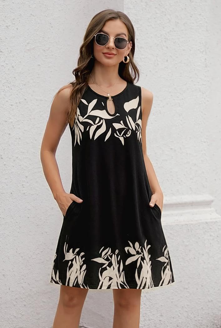 elescat Summer Dresses for Women Casual Sleeveless Sundress Floral Loose Fit Beach Cover Up with Pocketï¼ˆWhite Floral, XL - Image 3