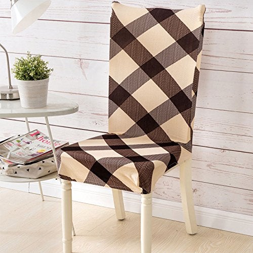 House of Quirk Polyester Spandex Printed Chair Cover Stretch Removable Washable Short Dining Chair Cover Protector Seat Slipcover (Brown White Check, Pack of 6) - Image 2