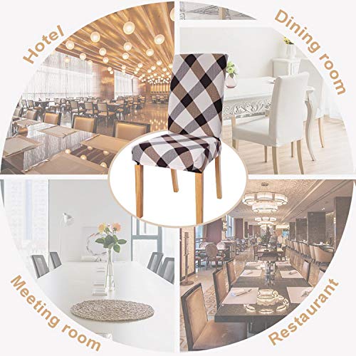 House of Quirk Polyester Spandex Printed Chair Cover Stretch Removable Washable Short Dining Chair Cover Protector Seat Slipcover (Brown White Check, Pack of 6) - Image 3