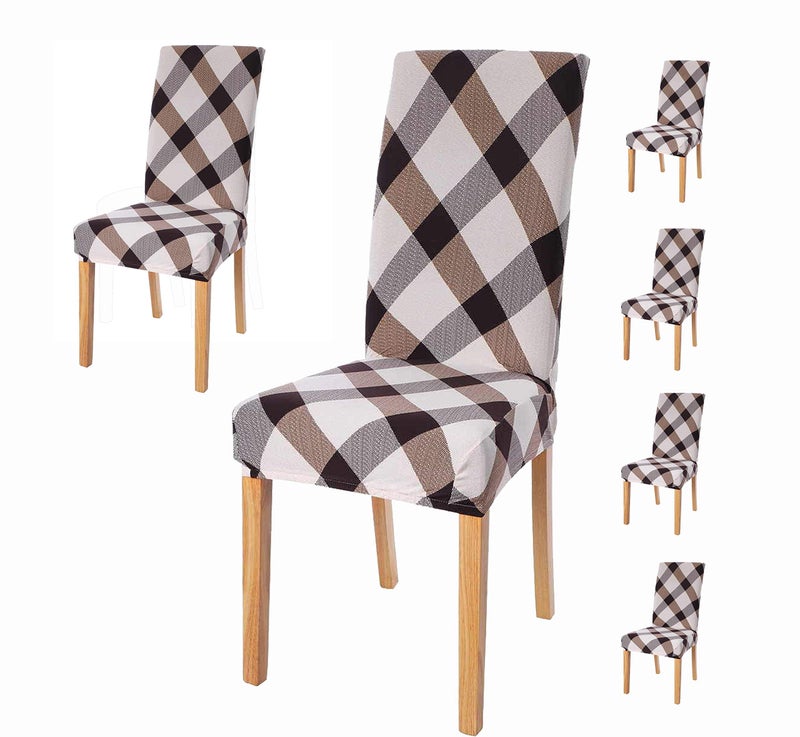 House of Quirk Polyester Spandex Printed Chair Cover Stretch Removable Washable Short Dining Chair Cover Protector Seat Slipcover (Brown White Check, Pack of 6) - Image 1