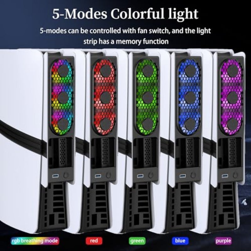 JDGPOKOO RGB PS5 Slim/Pro Cooling Fan Auto Power Cooling System for PlayStation 5 Slim Pro Silent Triple-Fan Cooler with 3 Speed Levels USB 3.0 Port Compatible with PS5 Digital Disc Edition - Image 4