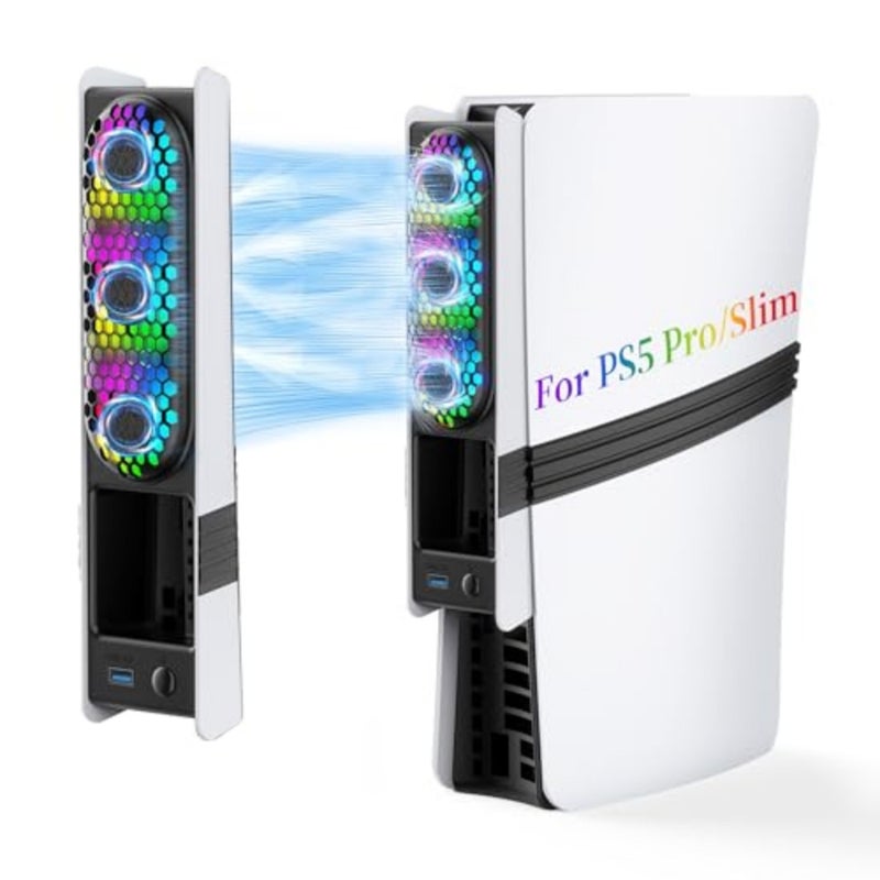 JDGPOKOO RGB PS5 Slim/Pro Cooling Fan Auto Power Cooling System for PlayStation 5 Slim Pro Silent Triple-Fan Cooler with 3 Speed Levels USB 3.0 Port Compatible with PS5 Digital Disc Edition - Image 1