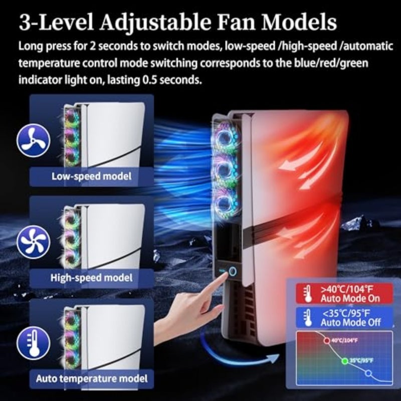 JDGPOKOO RGB PS5 Slim/Pro Cooling Fan Auto Power Cooling System for PlayStation 5 Slim Pro Silent Triple-Fan Cooler with 3 Speed Levels USB 3.0 Port Compatible with PS5 Digital Disc Edition - Image 3