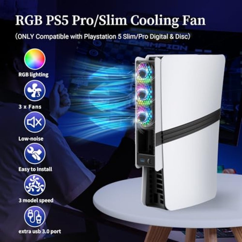 JDGPOKOO RGB PS5 Slim/Pro Cooling Fan Auto Power Cooling System for PlayStation 5 Slim Pro Silent Triple-Fan Cooler with 3 Speed Levels USB 3.0 Port Compatible with PS5 Digital Disc Edition - Image 2